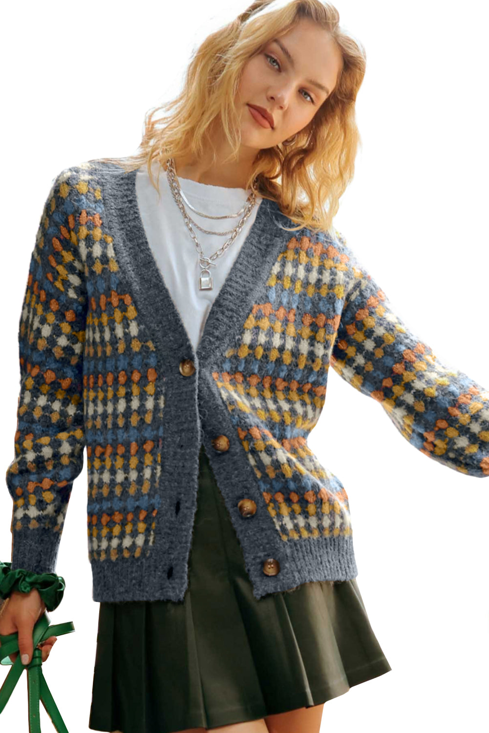 Multicolour Dotty Pattern Knit Button Front V Neck Sweater Cardigan-TOPS / DRESSES-[Adult]-[Female]-2022 Online Blue Zone Planet