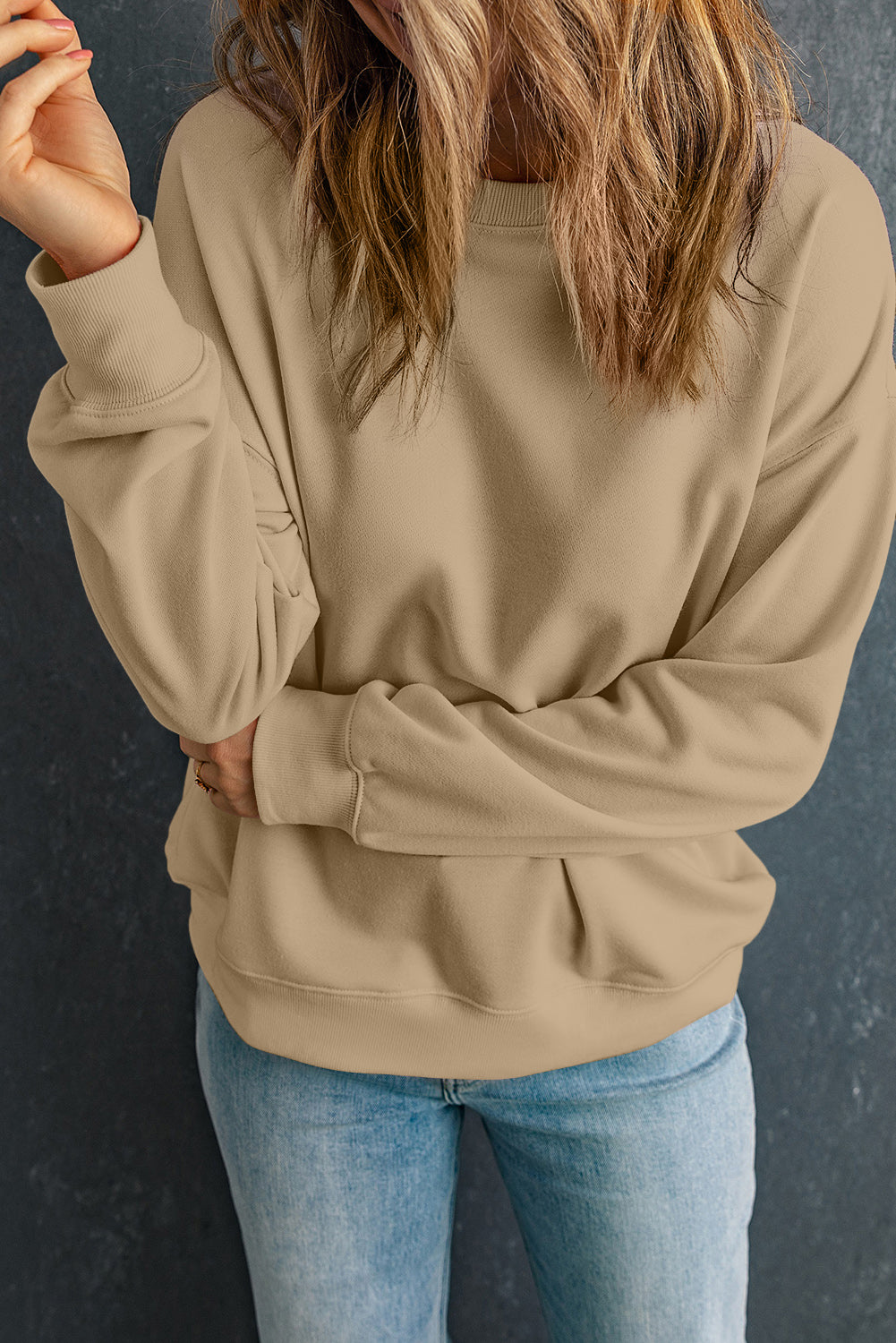 Blue Zone Planet | Round Neck Dropped Shoulder Sweatshirt-TOPS / DRESSES-[Adult]-[Female]-Khaki-L-2022 Online Blue Zone Planet