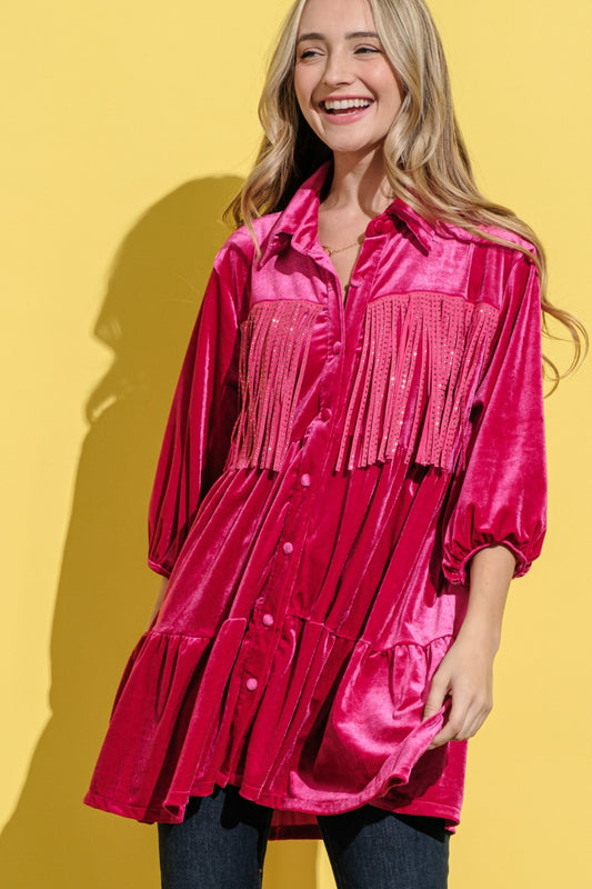 And The Why Fringe Detailed Velvet Shirt Dress-TOPS / DRESSES-[Adult]-[Female]-Magenta-S-2022 Online Blue Zone Planet