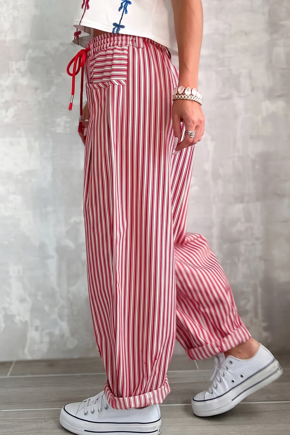 Red Stripe Drawstring Casual Loose Pants-Bottoms/Pants & Culotte-[Adult]-[Female]-2022 Online Blue Zone Planet