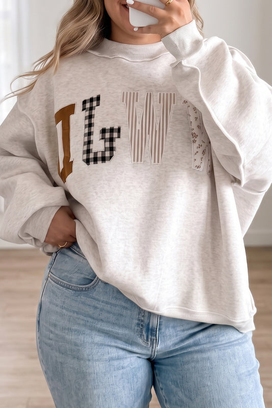 Gray WWJD Mix Pattern Letter Graphic Exposed Seam Loose Plus Size Sweatshirt-Plus Size/Plus Size Sweatshirts & Hoodies-[Adult]-[Female]-Gray-1X-2022 Online Blue Zone Planet