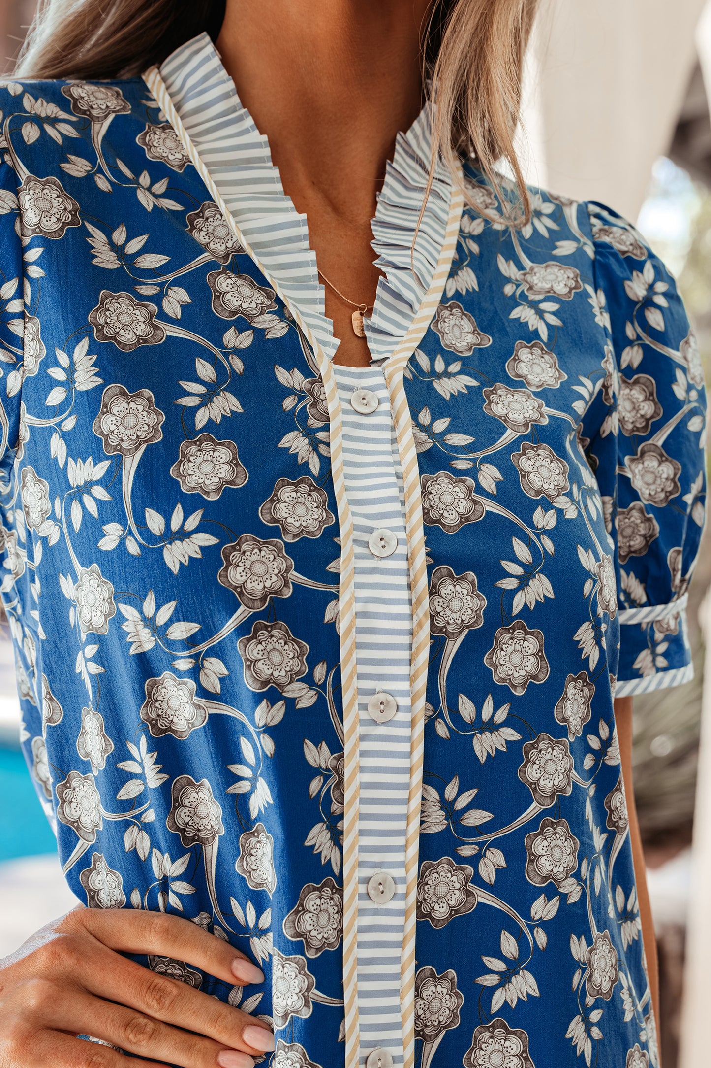 Blue Striped Trim Half Buttons Short Sleeve Floral Dress-TOPS / DRESSES-[Adult]-[Female]-2022 Online Blue Zone Planet