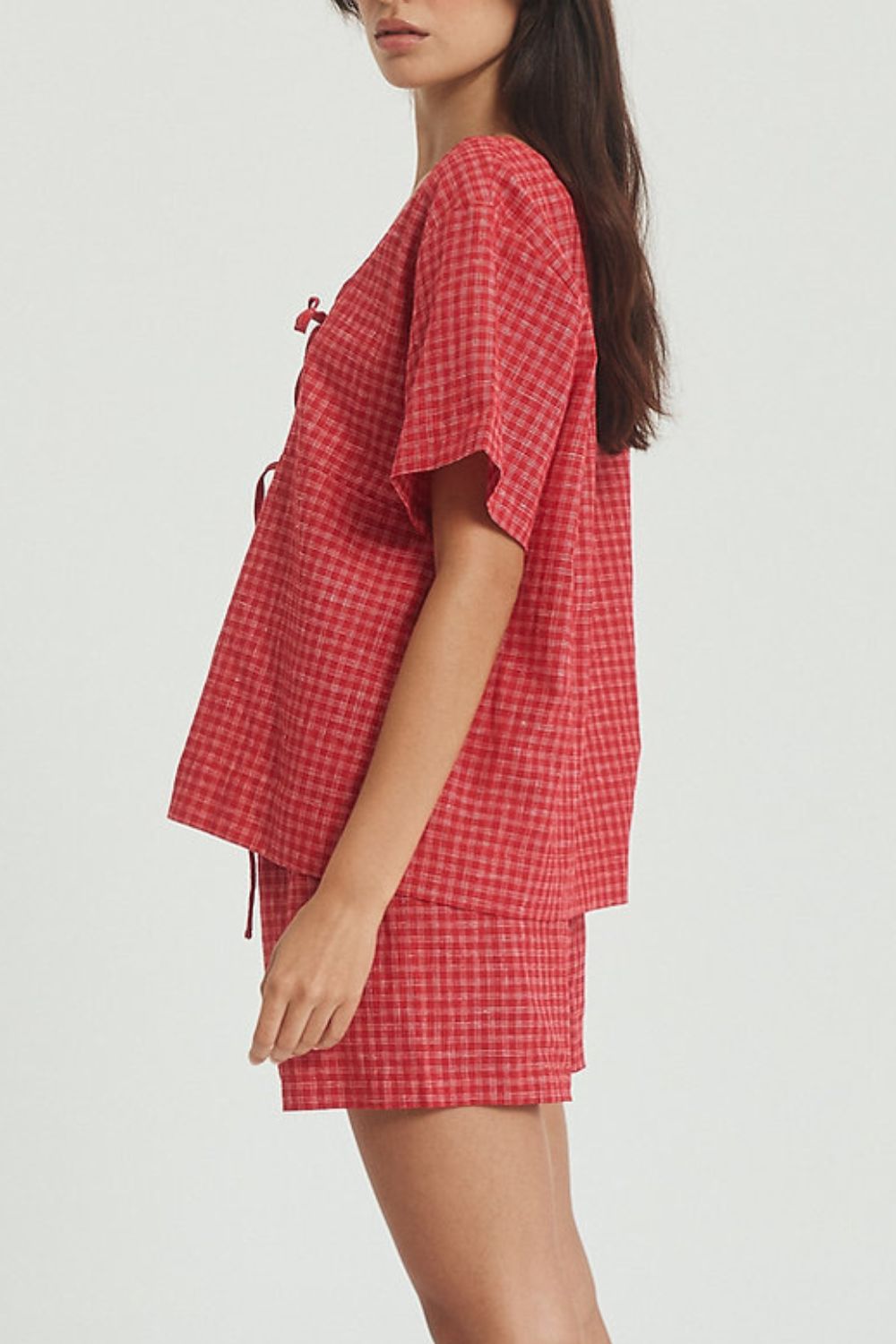 Plaid Tied Scoop Neck Short Sleeve Top and Drawstring Shorts Set-TOPS / DRESSES-[Adult]-[Female]-2022 Online Blue Zone Planet