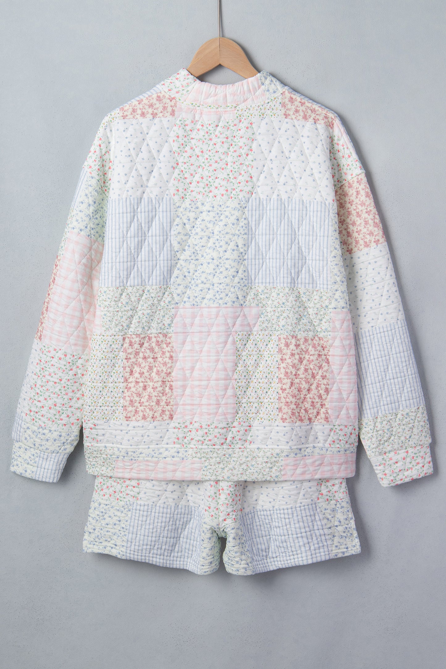 Multicolour Floral Quilted Mock Neck Top and Short Set-Two Piece Sets/Short Sets-[Adult]-[Female]-2022 Online Blue Zone Planet