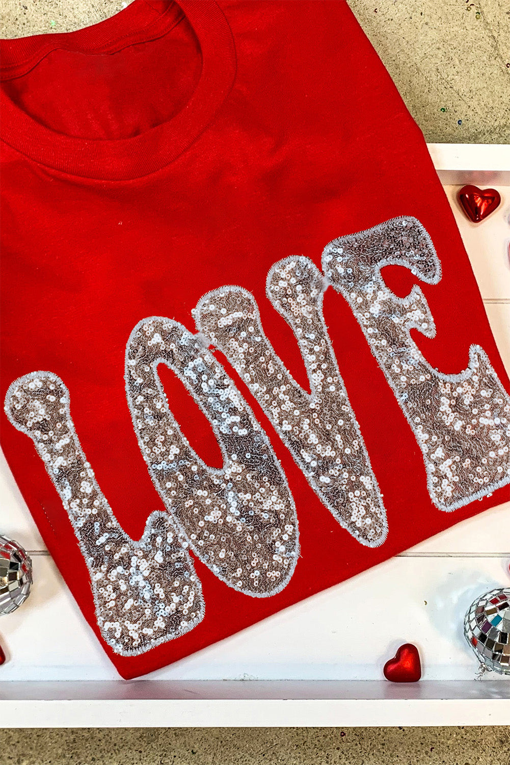 Red Sequined LOVE Letter Valentines T-shirt-Graphic/Graphic Tees-[Adult]-[Female]-Red-2-S-2022 Online Blue Zone Planet