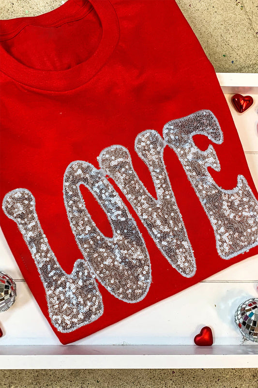 Red Sequined LOVE Letter Valentines T-shirt-Graphic/Graphic Tees-[Adult]-[Female]-Red-2-S-2022 Online Blue Zone Planet