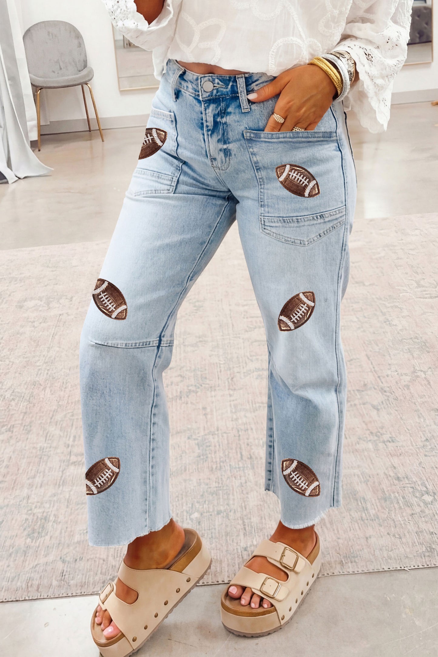 Beau Blue Sequin Detail Patched Rugby Pattern Raw Hem Shift Jeans-Graphic/Graphic Pants-[Adult]-[Female]-2022 Online Blue Zone Planet