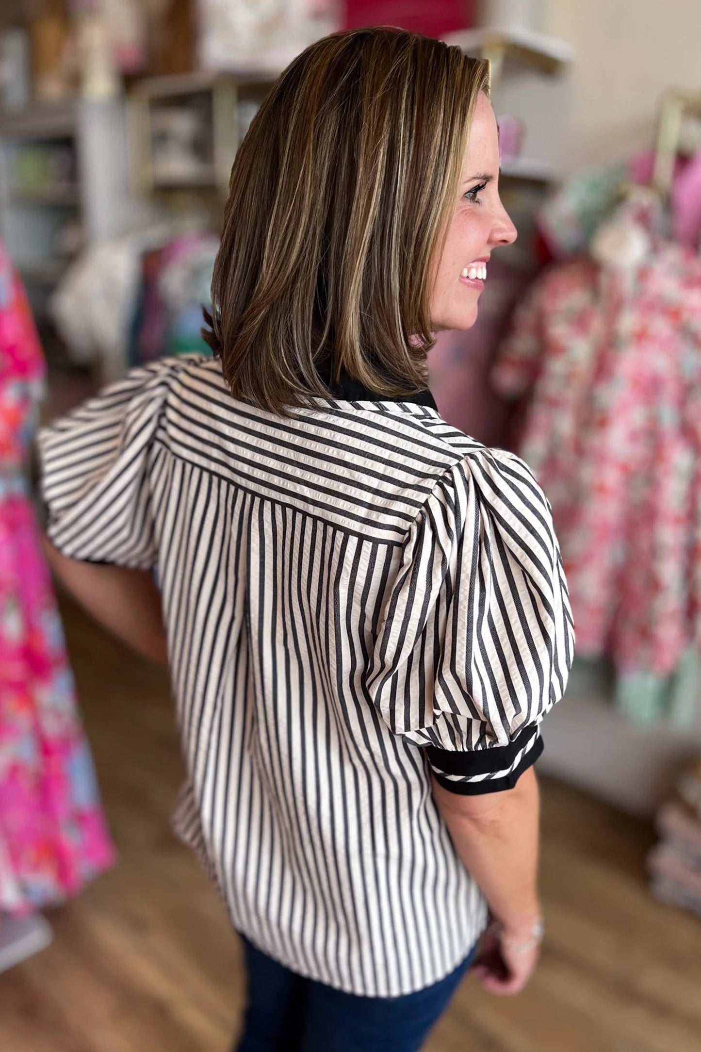 Black Stripe Collared Split Neck Short Bubble Sleeve Blouse-Tops/Blouses & Shirts-[Adult]-[Female]-2022 Online Blue Zone Planet