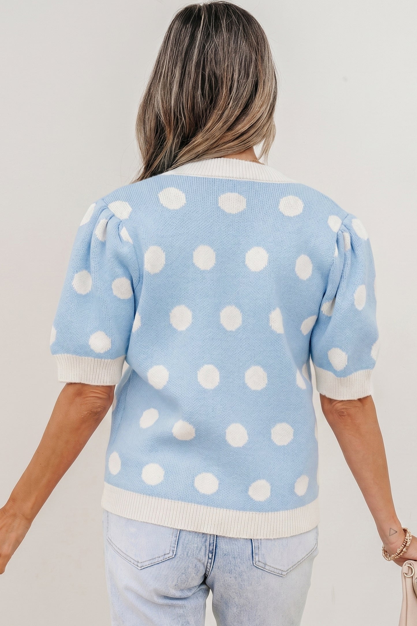 Rose Red Polka Dot Puff Short Sleeve Sweater Top-Sweaters & Cardigans/Short Sleeve Sweaters-[Adult]-[Female]-2022 Online Blue Zone Planet