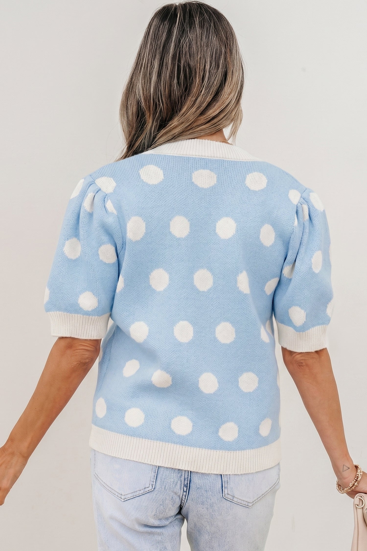 Rose Red Polka Dot Puff Short Sleeve Sweater Top-Sweaters & Cardigans/Short Sleeve Sweaters-[Adult]-[Female]-2022 Online Blue Zone Planet