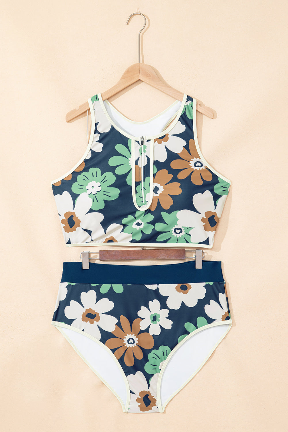 Green Floral Printed Zipped Plus Size Two Pieces Bikini-Plus Size/Plus Size Swimwear-[Adult]-[Female]-2022 Online Blue Zone Planet