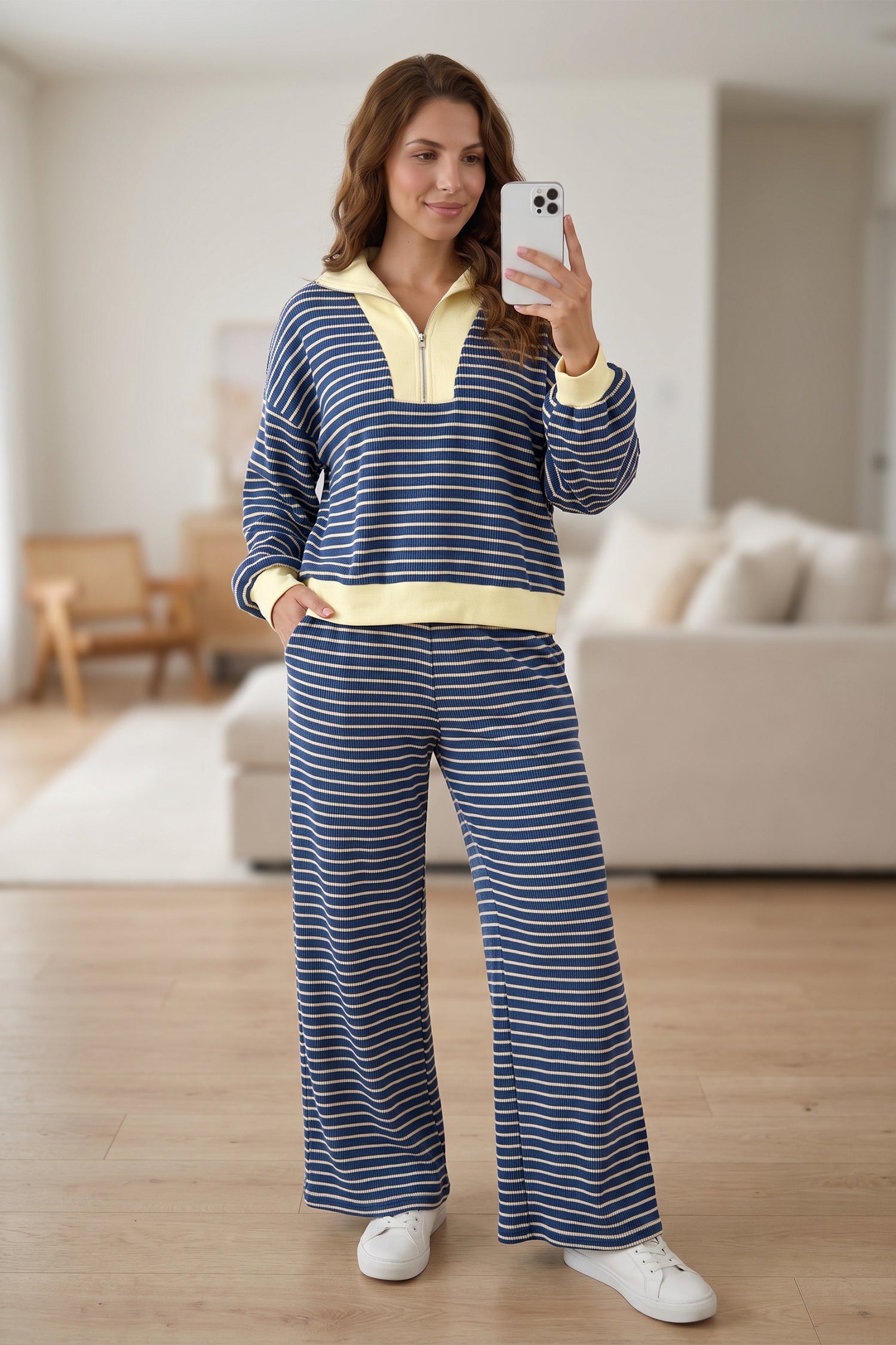 Blue Stripe Color Block Patchwork Zip V Neck Pullover Loose Pants 2pcs Set-Two Piece Sets/Pant Sets-[Adult]-[Female]-2022 Online Blue Zone Planet