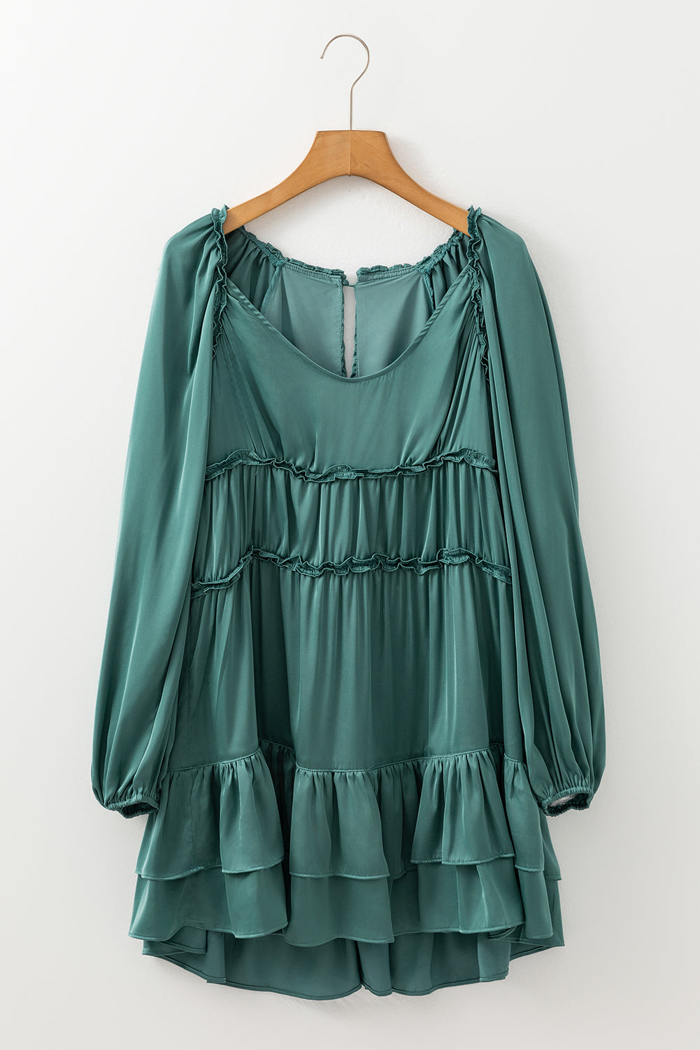 Blue Zone Planet | Mist Green Tiered Ruffled Puff Sleeve Loose Fit Mini Dress-TOPS / DRESSES-[Adult]-[Female]-2022 Online Blue Zone Planet