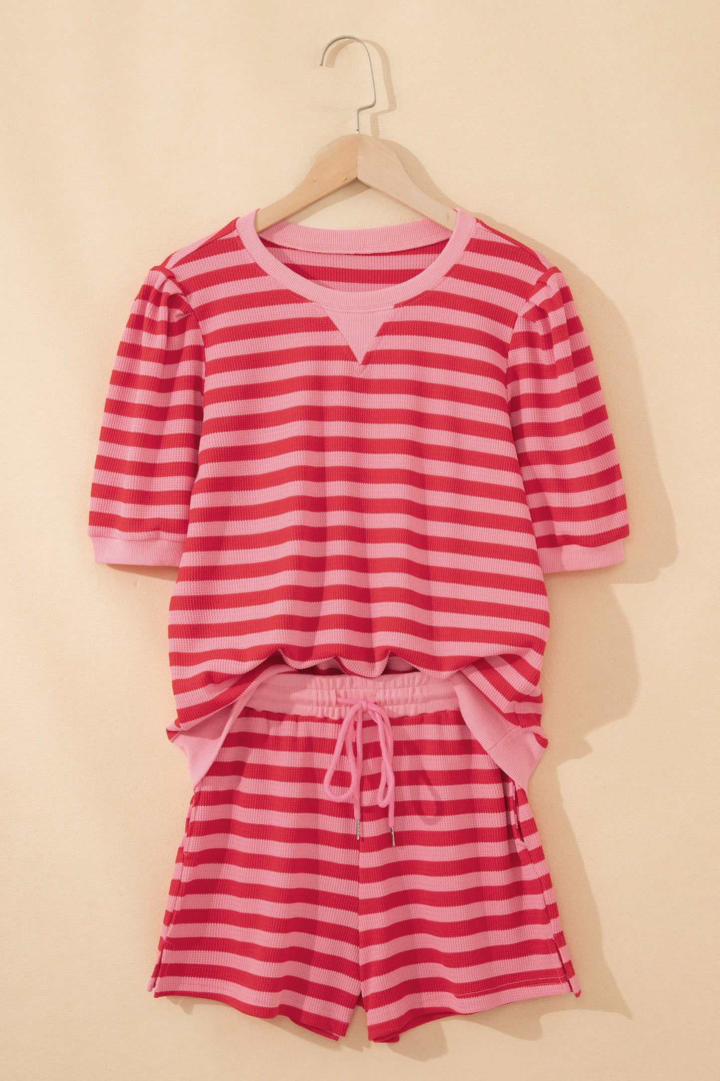 Red Stripe Puff Short Sleeve T Shirt Matching Shorts Set-Two Piece Sets/Short Sets-[Adult]-[Female]-2022 Online Blue Zone Planet