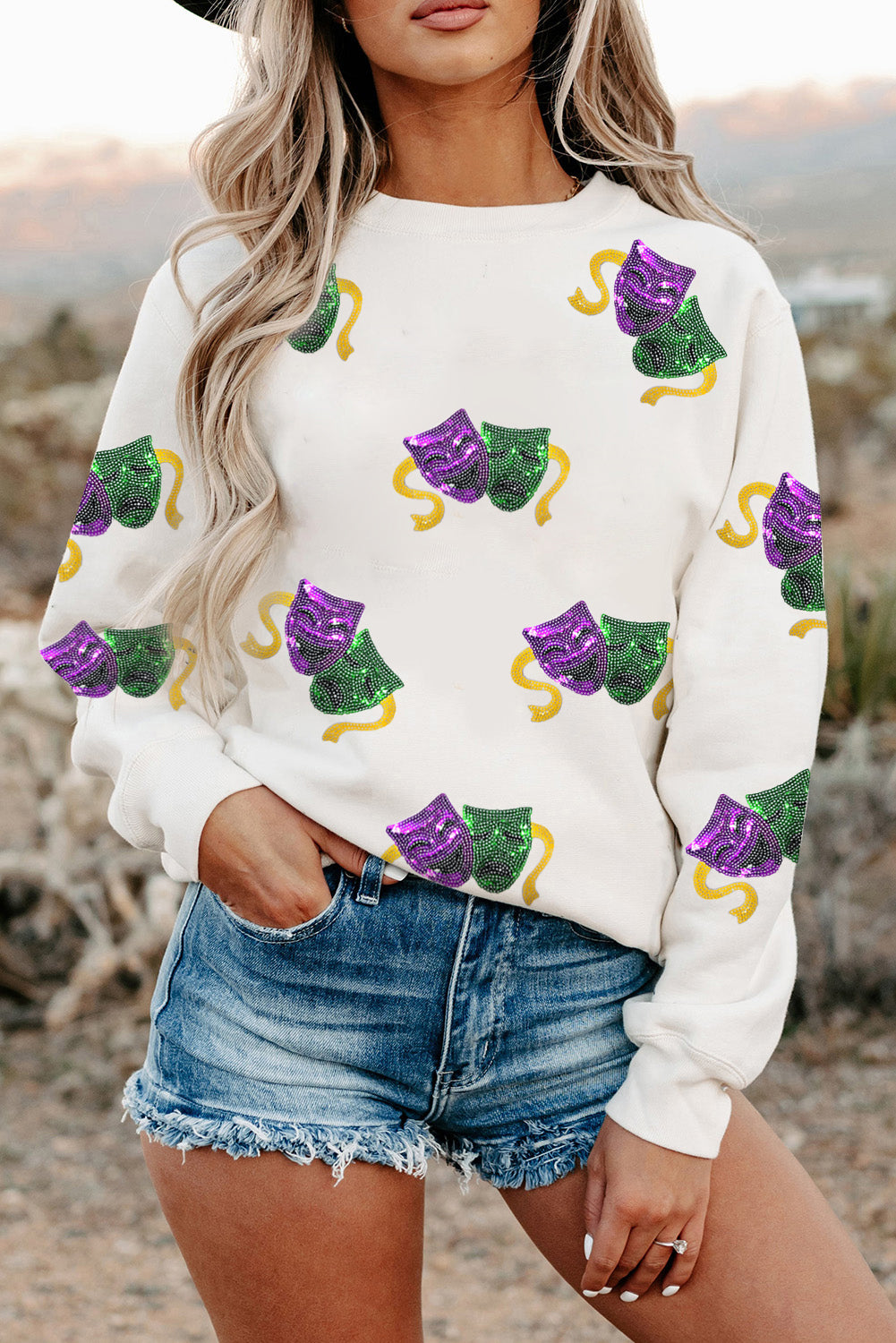 White Sequined Mardi Gras Mask Pattern Drop Shoulder Sweatshirt-Graphic/Graphic Sweatshirts-[Adult]-[Female]-2022 Online Blue Zone Planet