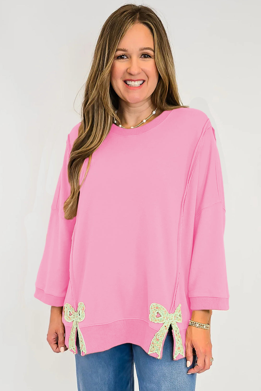 Pink Floral Bow Patched Exposed Seam Patchwork Slit Baggy Sweatshirt-Tops/Sweatshirts & Hoodies-[Adult]-[Female]-2022 Online Blue Zone Planet