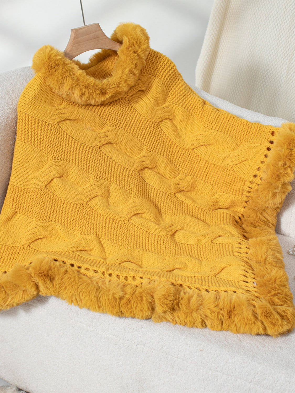 Fuzzy Hem Cable-Knit Poncho-TOPS / DRESSES-[Adult]-[Female]-Gold-One Size-2022 Online Blue Zone Planet