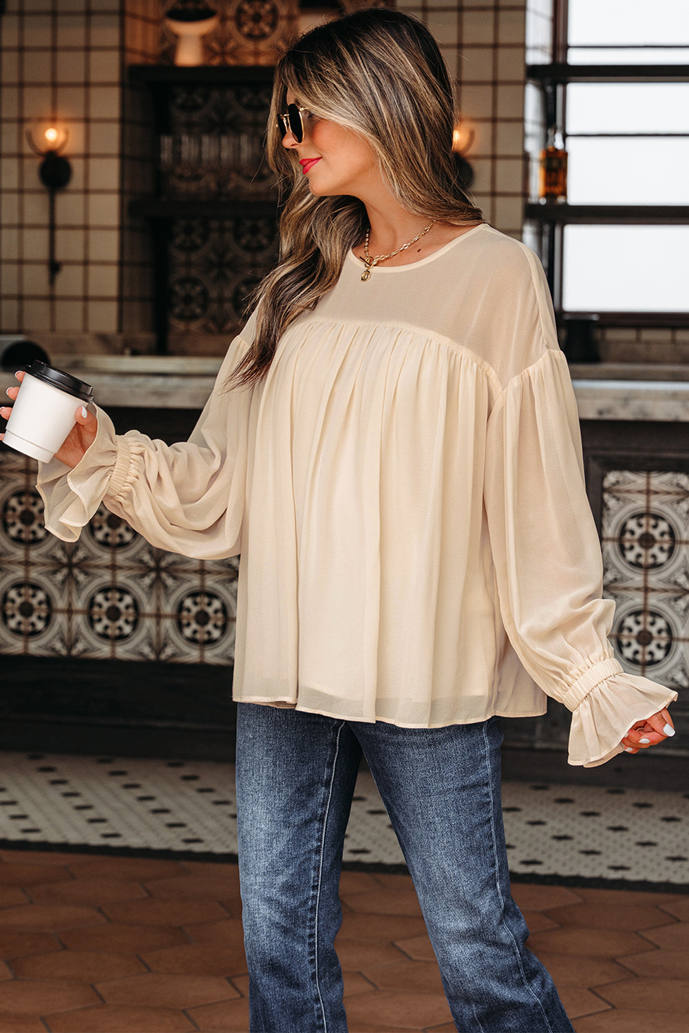 Parchment Pleated Ruffle Long Sleeve Chiffon Blouse-Tops/Blouses & Shirts-[Adult]-[Female]-2022 Online Blue Zone Planet
