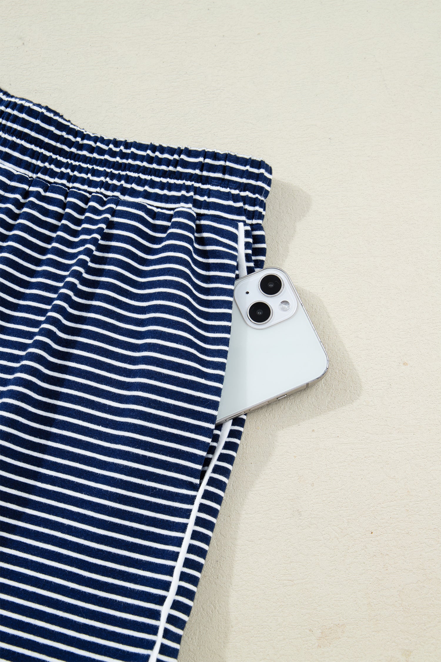 Blue Stripe Drop Shoulder Round Neck Long Sleeve Tee and Buttoned Shorts 2pcs Lounge Set-Loungewear & Sleepwear/Loungewear-[Adult]-[Female]-2022 Online Blue Zone Planet