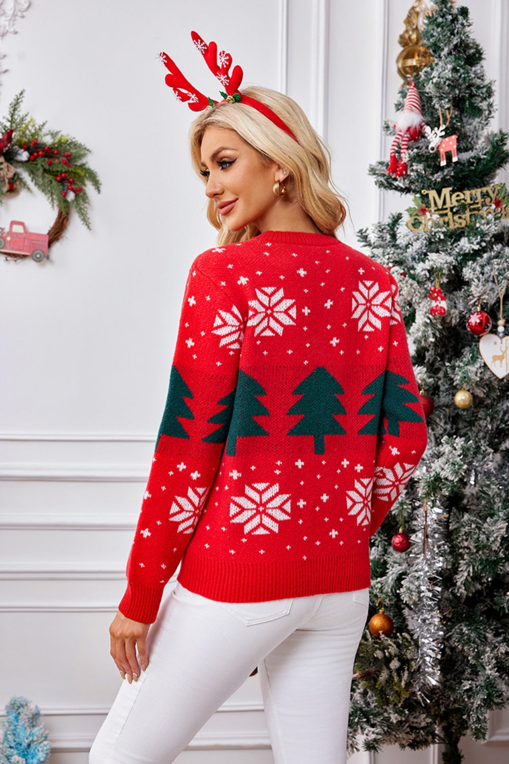 Christmas Tree Round Neck Long Sleeve Sweater-TOPS / DRESSES-[Adult]-[Female]-2022 Online Blue Zone Planet