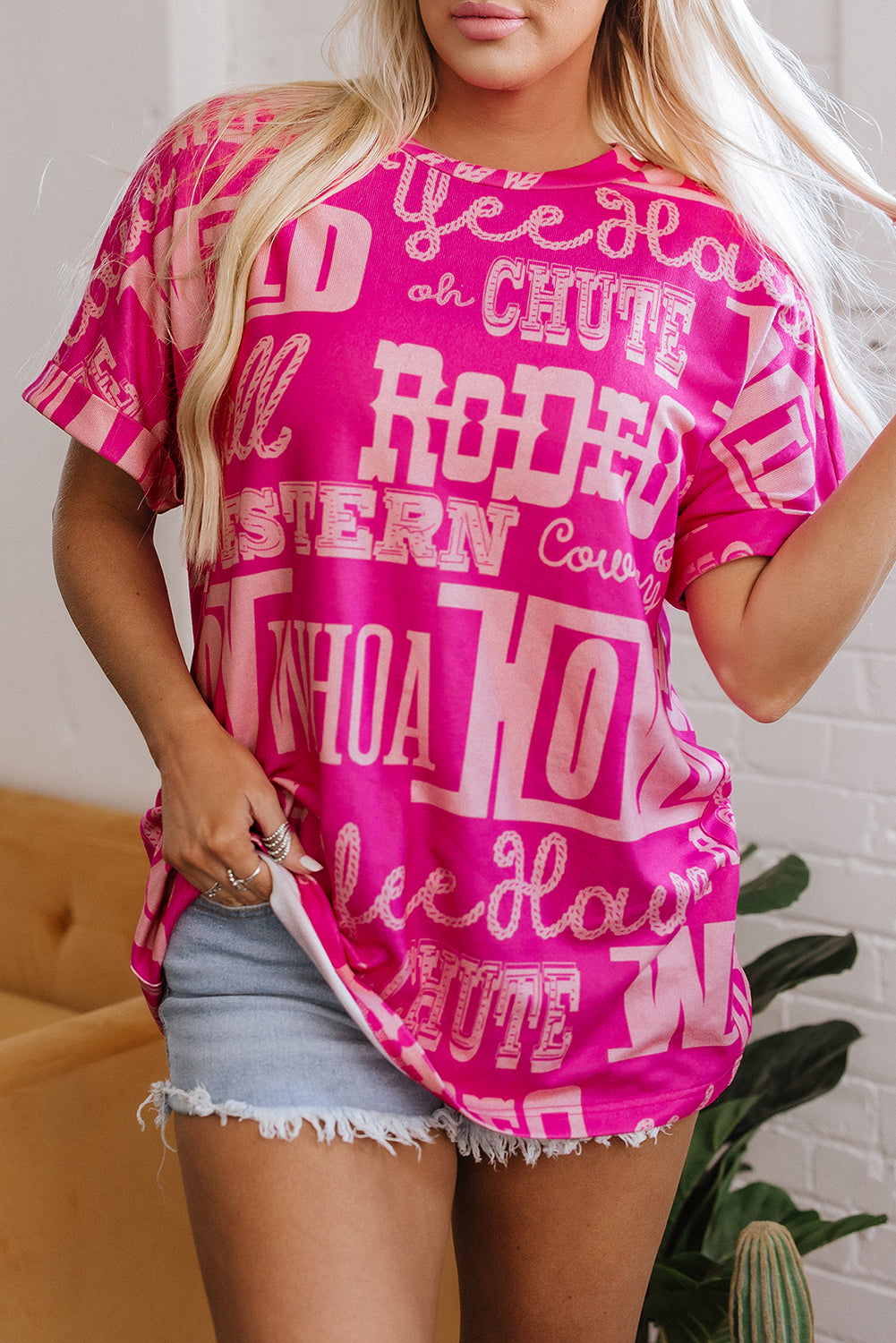 Rose Howdy Cowboy Letter Printed Western Fashion Tee-Tops/Tops & Tees-[Adult]-[Female]-2022 Online Blue Zone Planet