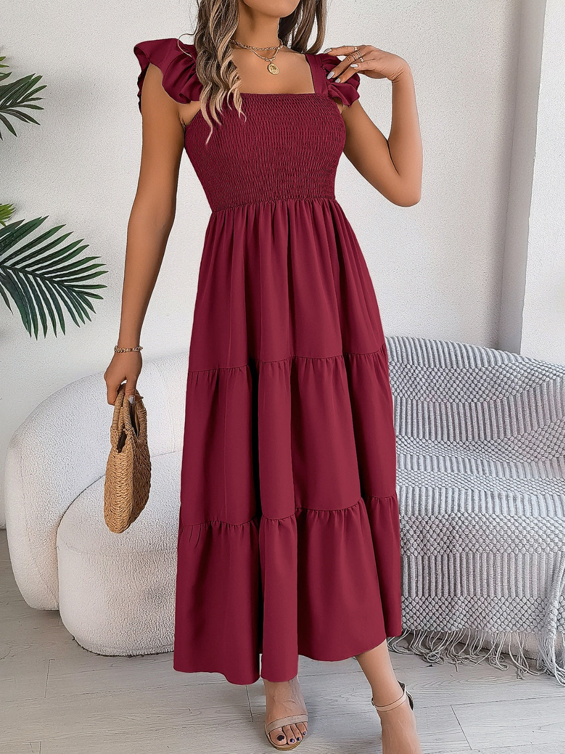 Blue Zone Planet | Smocked Square Neck Cap Sleeve Midi Dress-TOPS / DRESSES-[Adult]-[Female]-Burgundy-S-2022 Online Blue Zone Planet