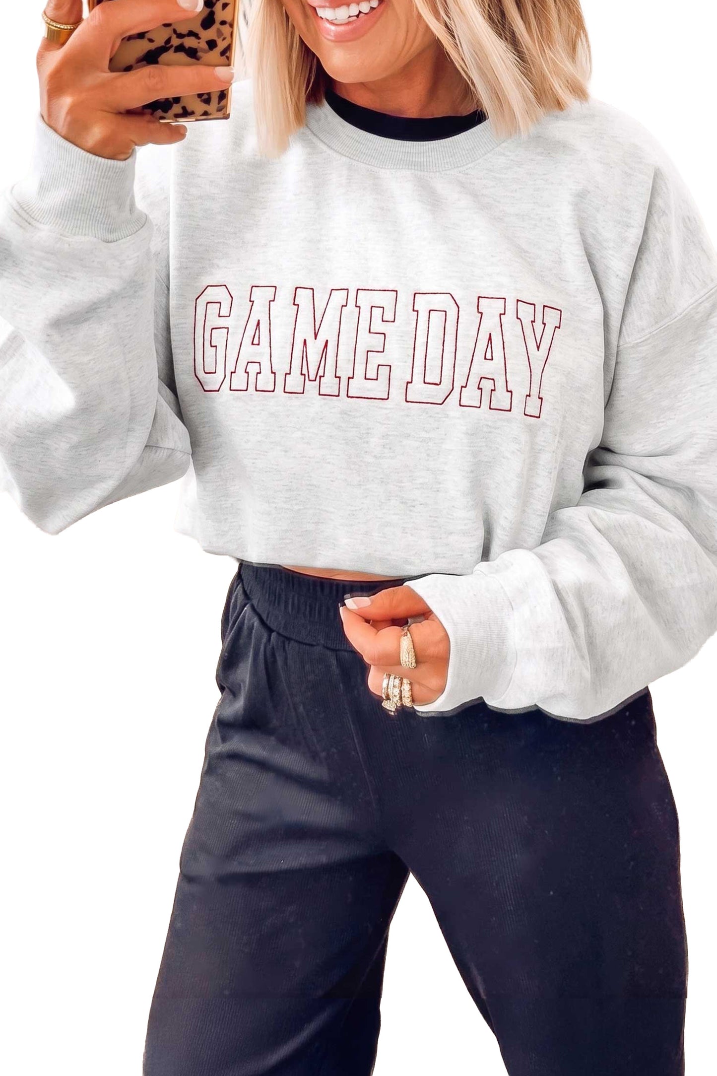 Light Grey Game Day Letter Embroidery Long Sleeve Round Neck Sweatshirt-Tops/Sweatshirts & Hoodies-[Adult]-[Female]-2022 Online Blue Zone Planet