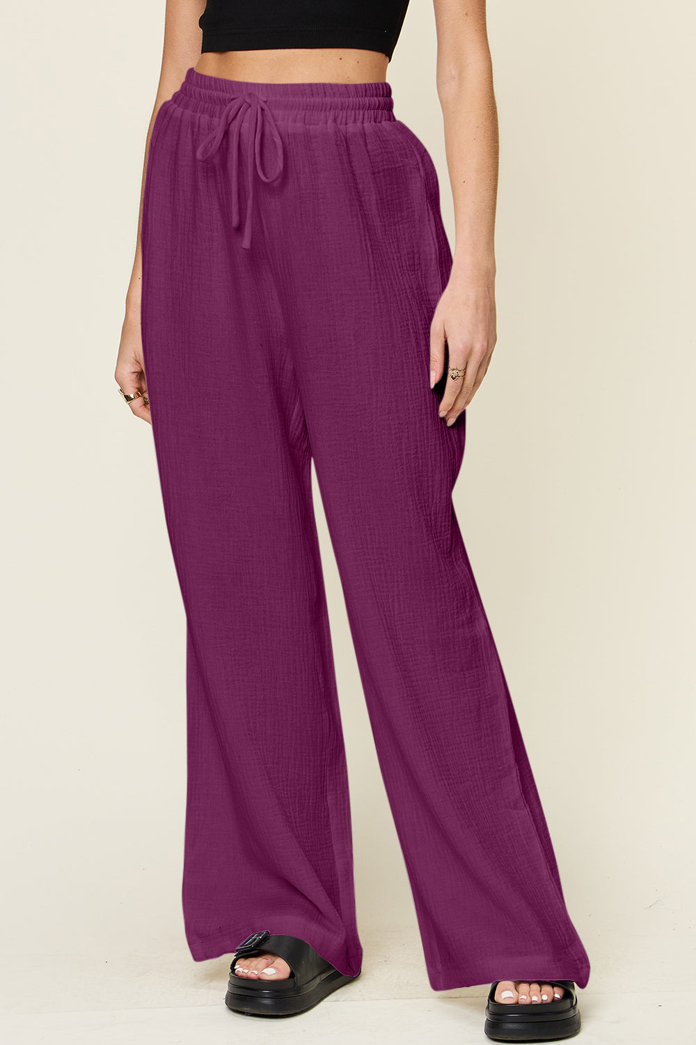 Double Take Full Size Texture Drawstring Wide Leg Pants-BOTTOMS SIZES SMALL MEDIUM LARGE-[Adult]-[Female]-2022 Online Blue Zone Planet