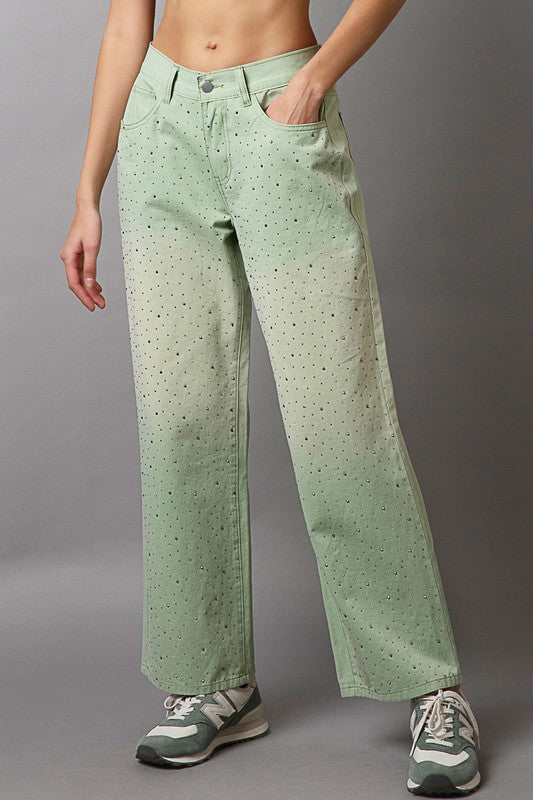 Blue Zone Planet | POL Embellishments Gradient Wide Leg Pants-BOTTOMS SIZES SMALL MEDIUM LARGE-[Adult]-[Female]-Light Green-S-2022 Online Blue Zone Planet