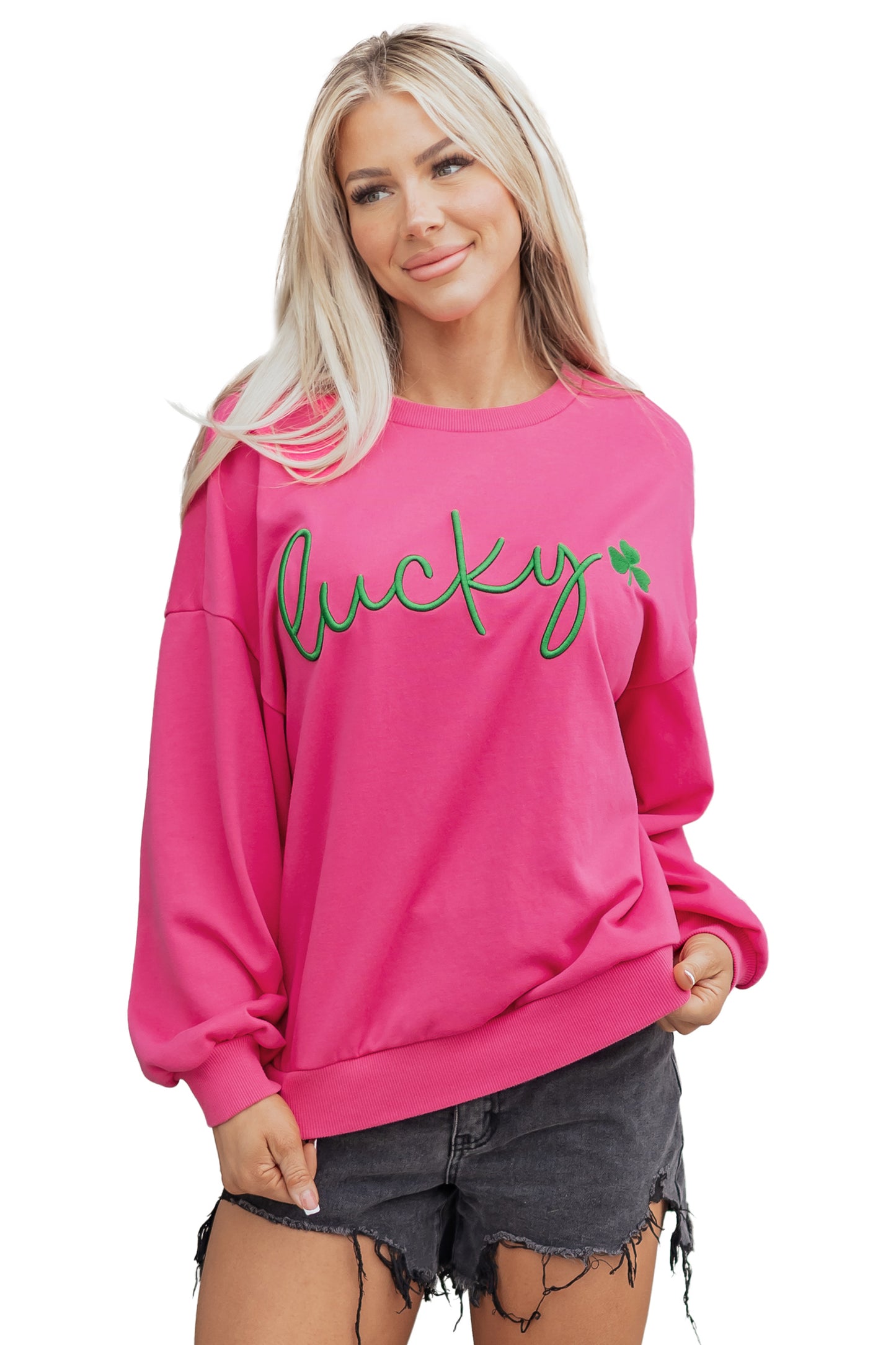 Rose Red Lucky Clover Embroidered Loose Pullover Sweatshirt-Tops/Sweatshirts & Hoodies-[Adult]-[Female]-2022 Online Blue Zone Planet