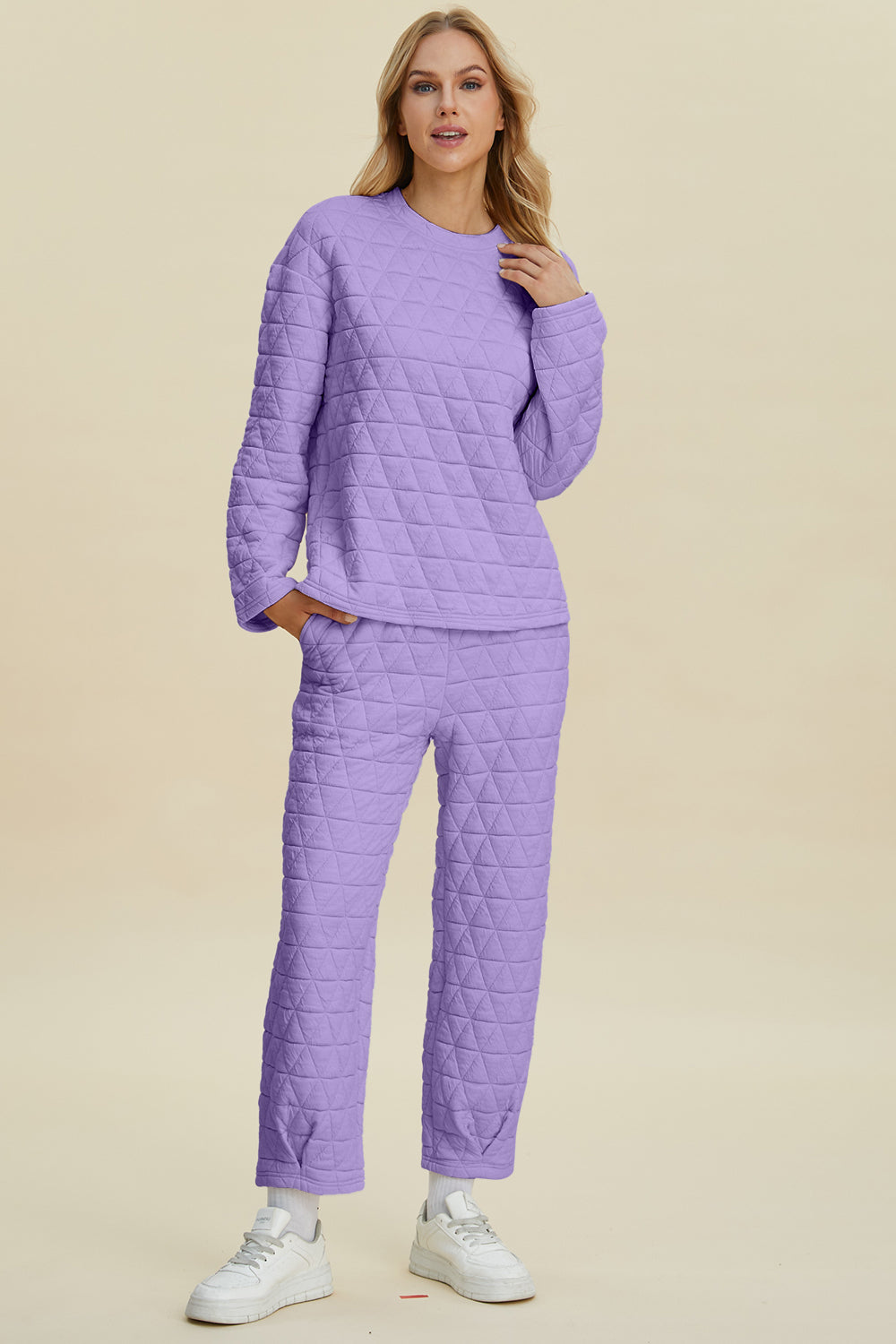 Double Take Full Size Texture Round Neck Long Sleeve Top and Pants Set-TOPS / DRESSES-[Adult]-[Female]-Lavender-S-2022 Online Blue Zone Planet