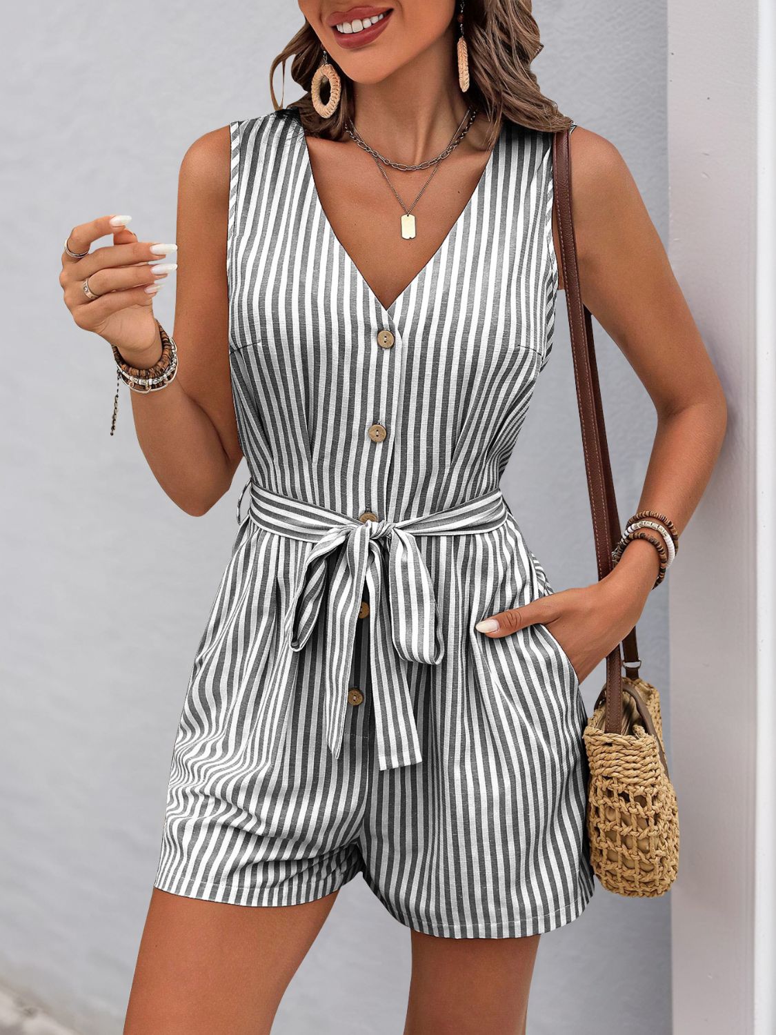 Blue Zone Planet | Perfee Striped V-Neck Tie Waist Romper-TOPS / DRESSES-[Adult]-[Female]-2022 Online Blue Zone Planet