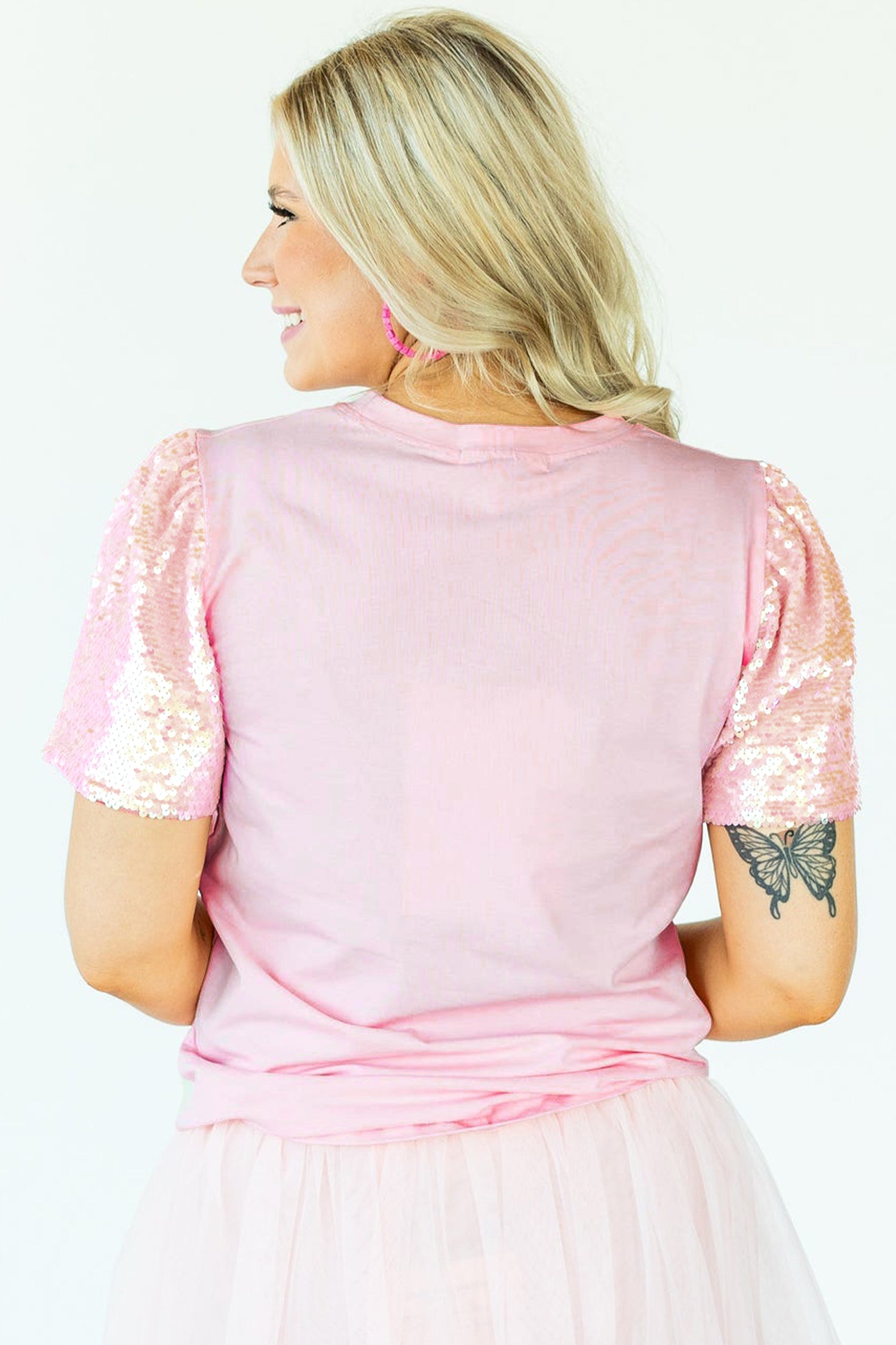 Light Pink Three Sweet Hearts Printed Sequin Trim Contrast Sleeve Patchwork Tee-Pre Order Tops-[Adult]-[Female]-2022 Online Blue Zone Planet