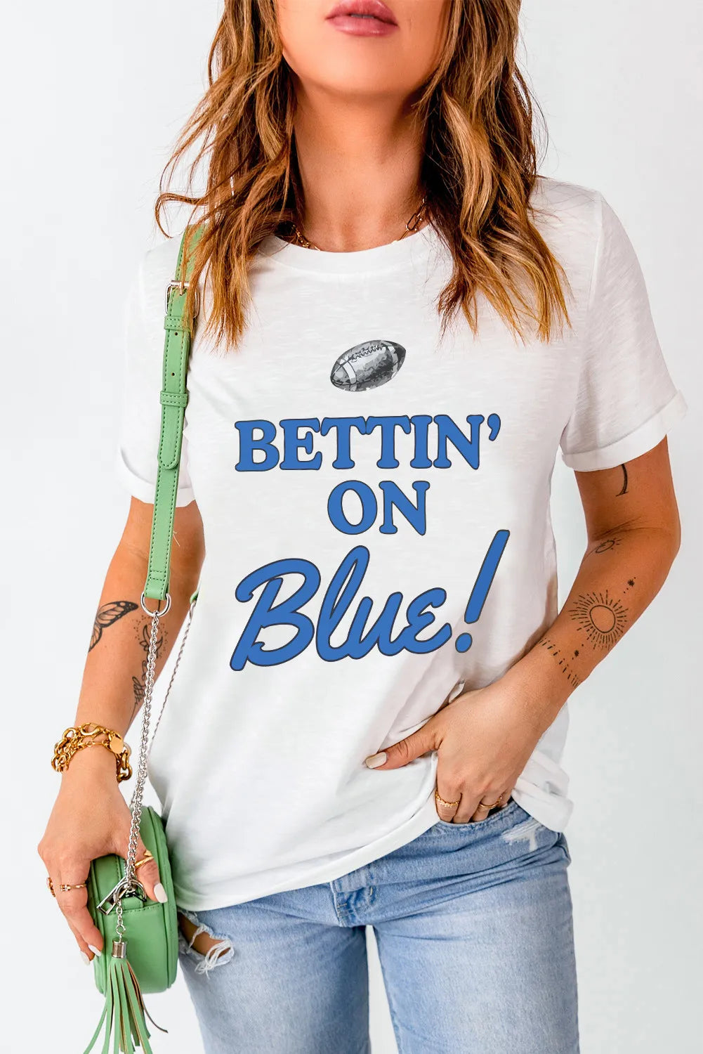 Letter Graphic Round Neck Short Sleeve T-Shirt-TOPS / DRESSES-[Adult]-[Female]-Peacock Blue-S-2022 Online Blue Zone Planet