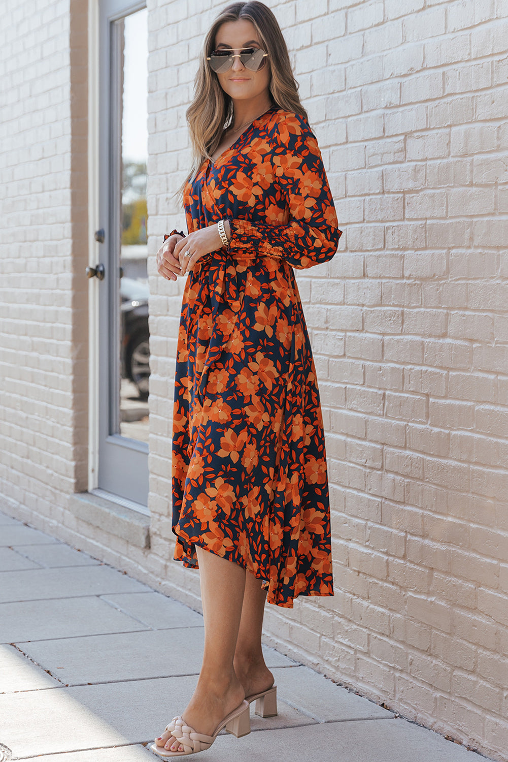 Blue Zone Planet | Orange Floral Print Faux Wrap Belted Dress-TOPS / DRESSES-[Adult]-[Female]-2022 Online Blue Zone Planet