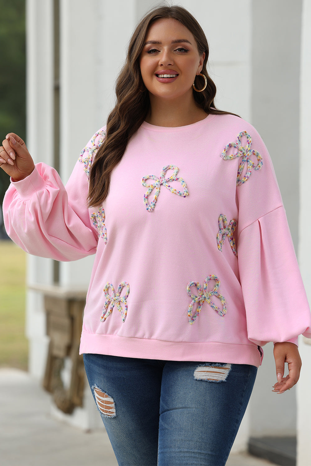 Blue Zone Planet | Light Pink Embroidered Bow Lantern Sleeve Oversized Pullover Sweatshirt-Tops/Sweatshirts & Hoodies-[Adult]-[Female]-2022 Online Blue Zone Planet