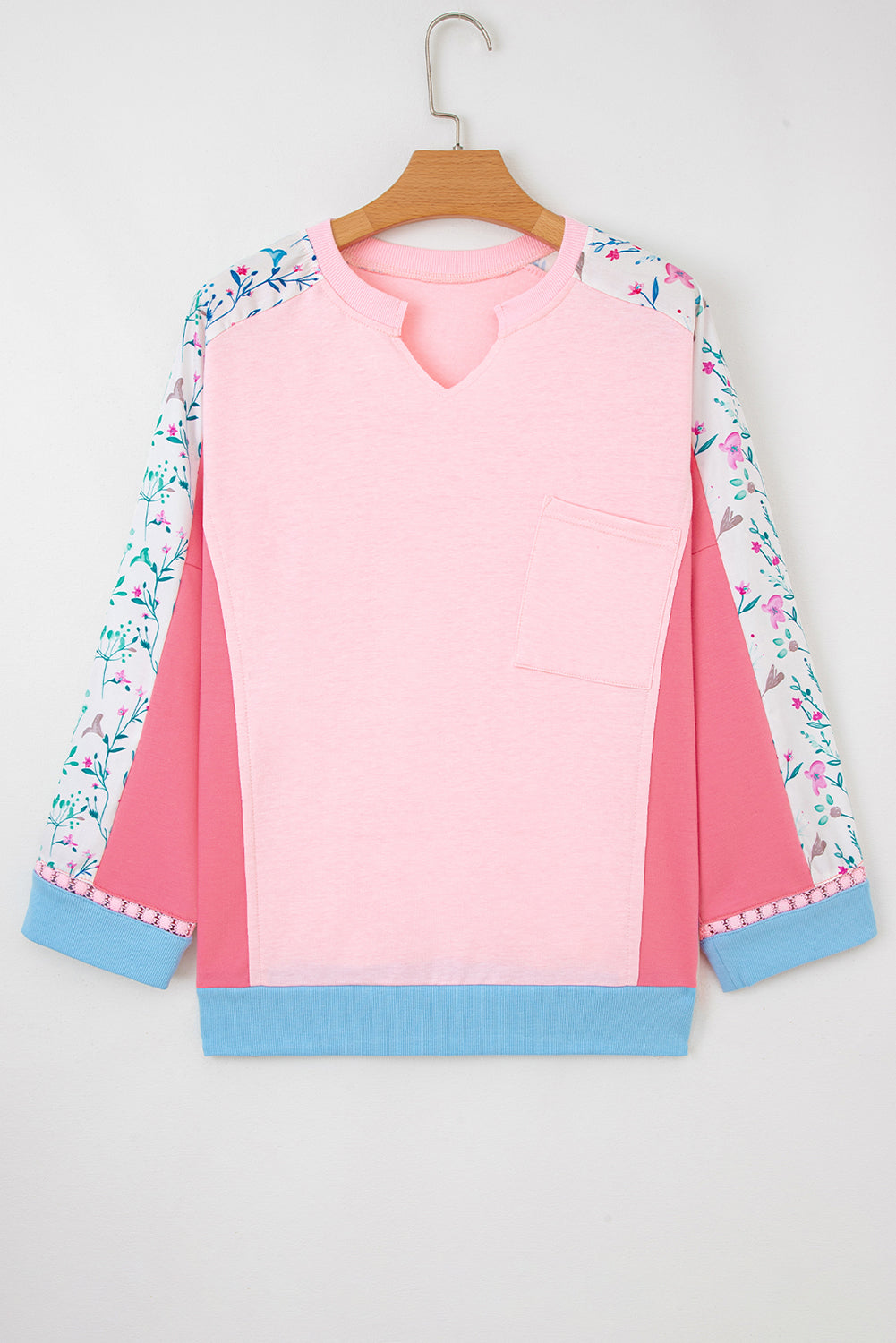 Light Pink Floral Colorblock Patchwork Chest Pocket Notched Neck Long Sleeve Top-Tops/Long Sleeve Tops-[Adult]-[Female]-2022 Online Blue Zone Planet