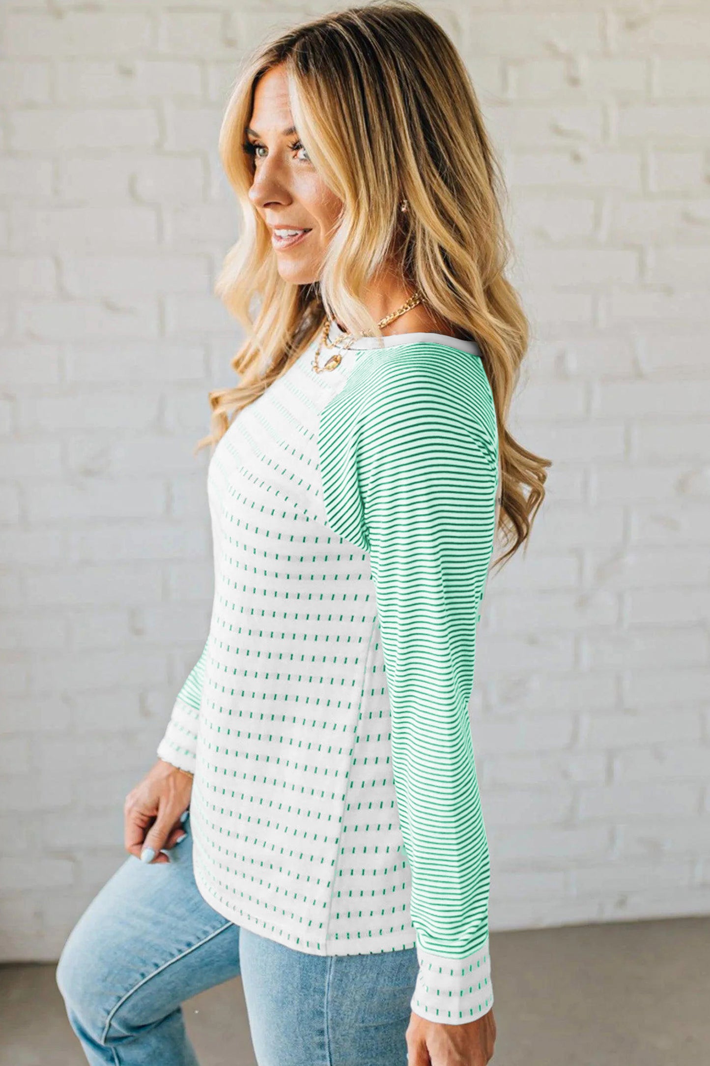 Green Stripe Raglan Patchwork Long Sleeve Tee