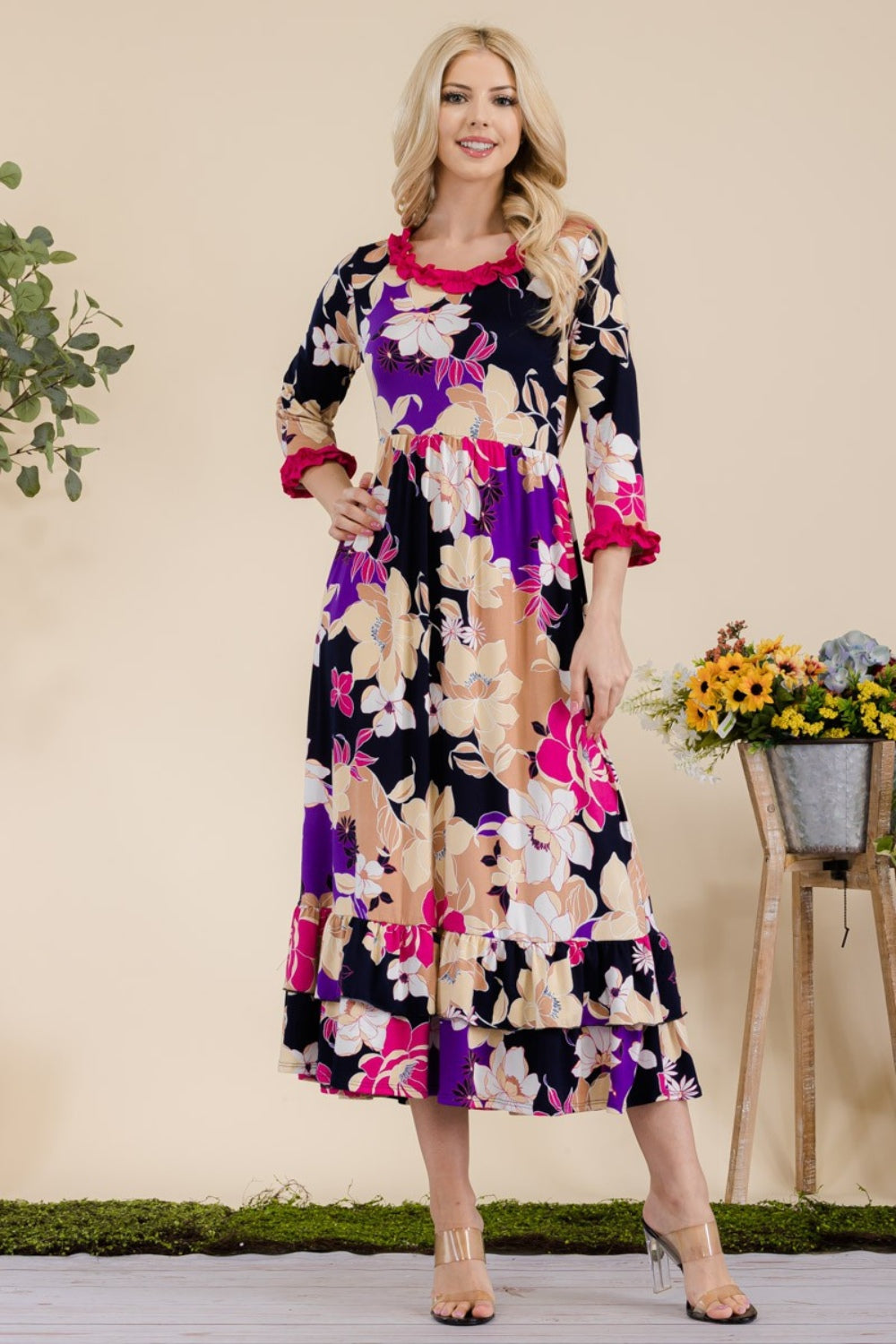 Celeste Full Size Floral Ruffled Midi Dress-TOPS / DRESSES-[Adult]-[Female]-Navy Fuchsia Floral-S-2022 Online Blue Zone Planet