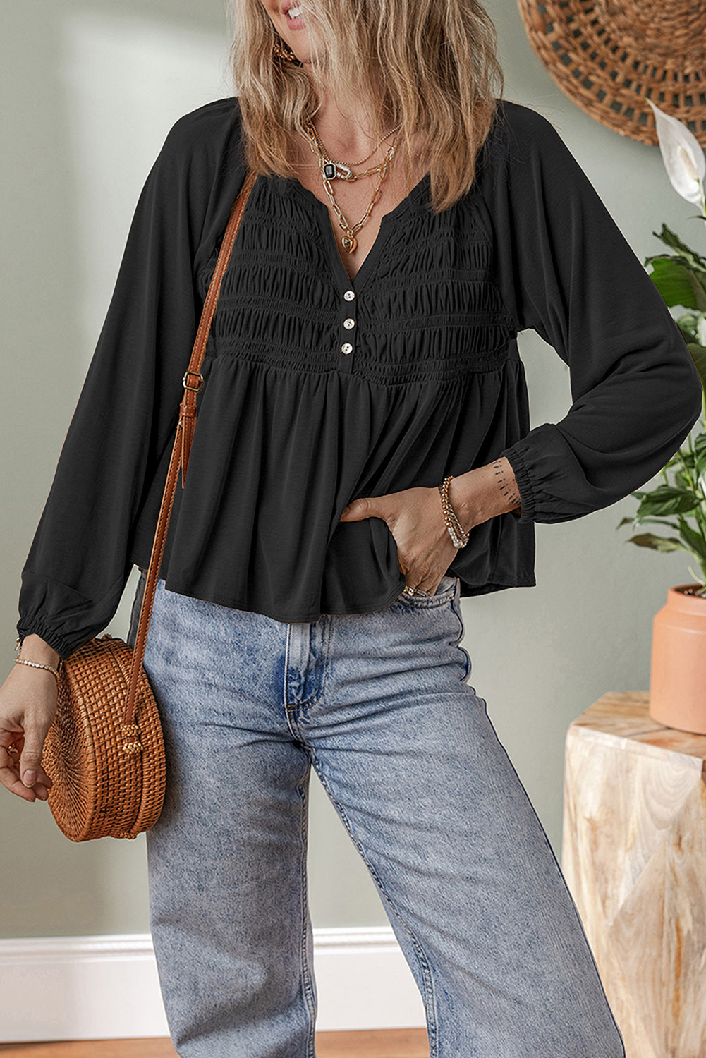 Black Smocked Bust Buttoned Split V Neck Flow Fit Blouse-Tops/Blouses & Shirts-[Adult]-[Female]-2022 Online Blue Zone Planet