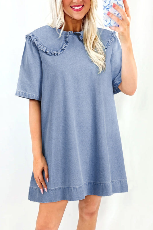 Beau Blue Frilled Peter Pan Collar Loose Denim Short Dress