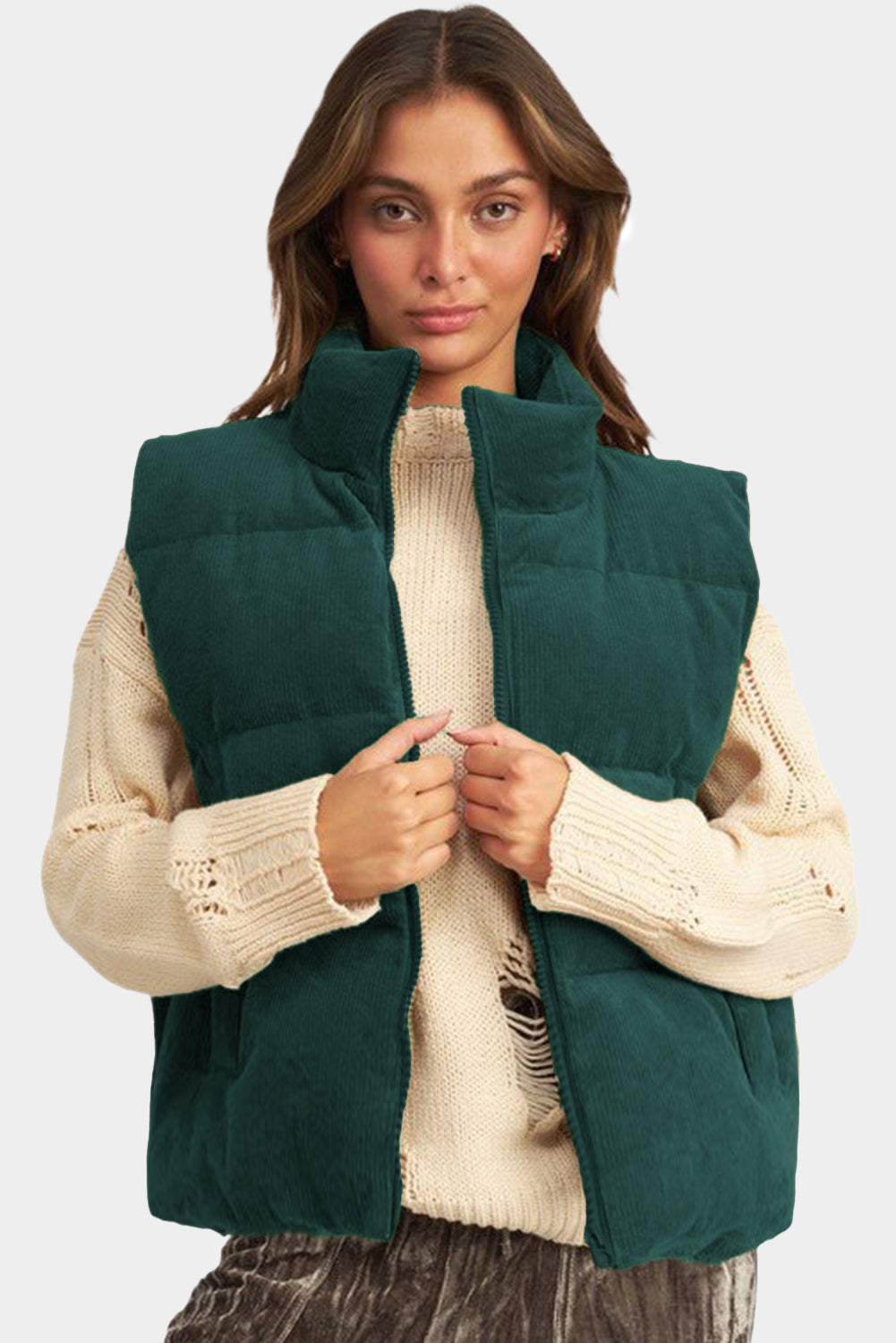 Blue Zone Planet | Jungle Green Corduroy Stand Neck Zipped Puffer Vest-Outerwear/Vests-[Adult]-[Female]-2022 Online Blue Zone Planet