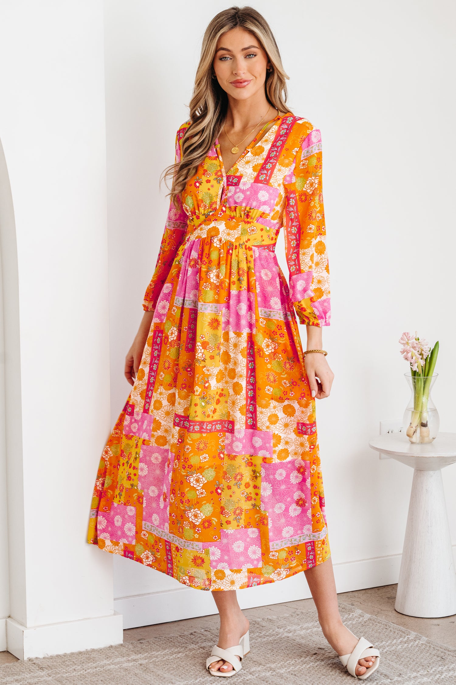 Orange Floral Patchwork Print Cut out Tied Back Bracelet Sleeve Maxi Dress-Bracelet-[Adult]-[Female]-2022 Online Blue Zone Planet
