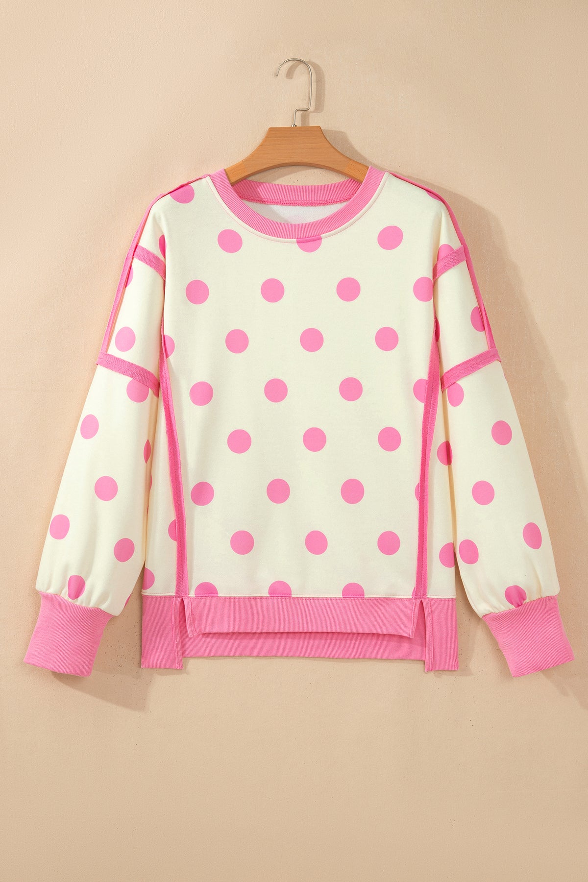 White Polka Dot Contrast Patchwork Round Neck Baggy Sweatshirt-Tops/Sweatshirts & Hoodies-[Adult]-[Female]-2022 Online Blue Zone Planet