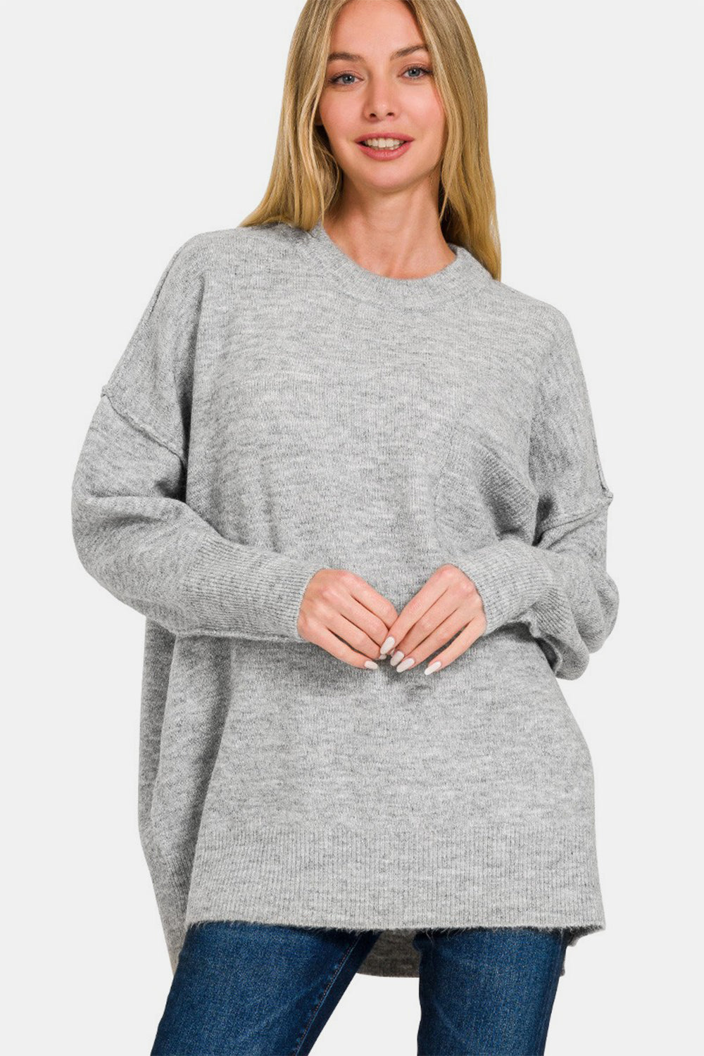 Zenana High-Low Hem Drop Shoulder Sweater-TOPS / DRESSES-[Adult]-[Female]-Grey-S/M-2022 Online Blue Zone Planet