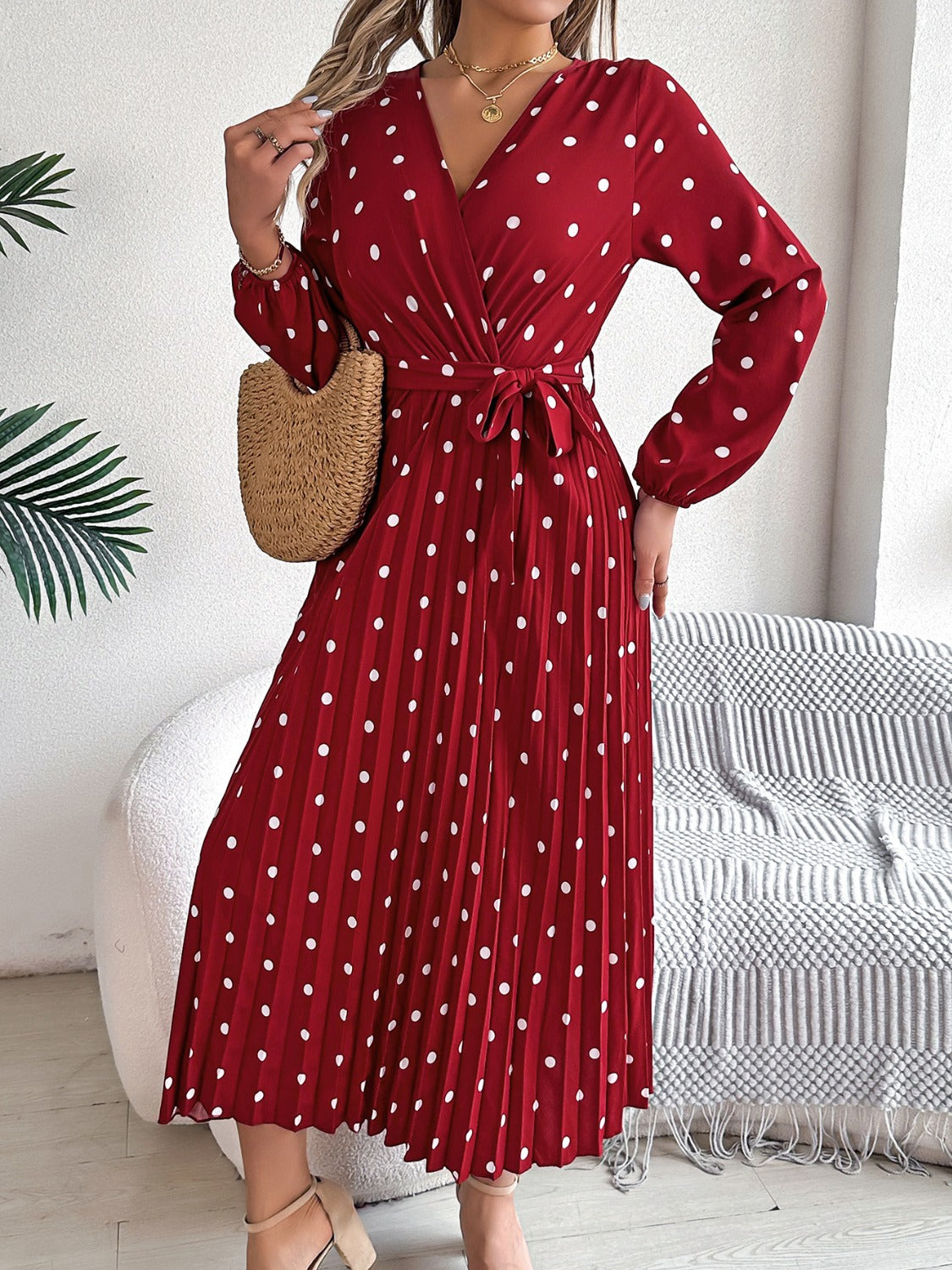 Blue Zone Planet | Tied Polka Dot Long Sleeve Midi Dress-TOPS / DRESSES-[Adult]-[Female]-Burgundy-S-2022 Online Blue Zone Planet