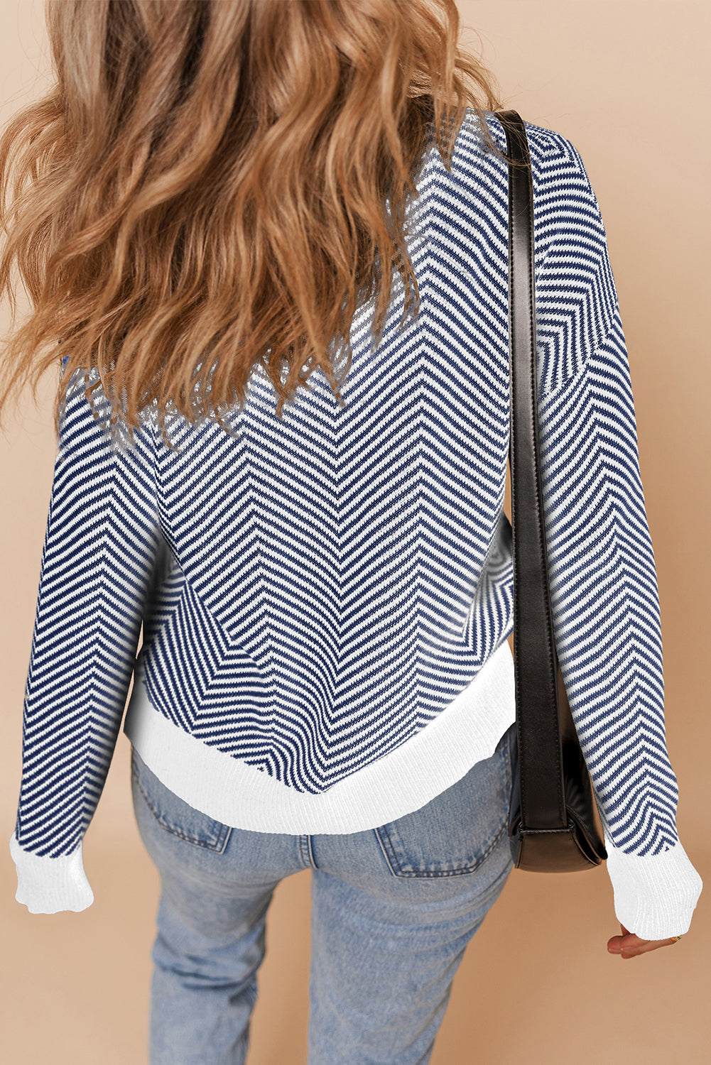 Black Stripe Buttoned Front V Neck Herringbone Cardigan-Sweaters & Cardigans/Cardigans-[Adult]-[Female]-2022 Online Blue Zone Planet