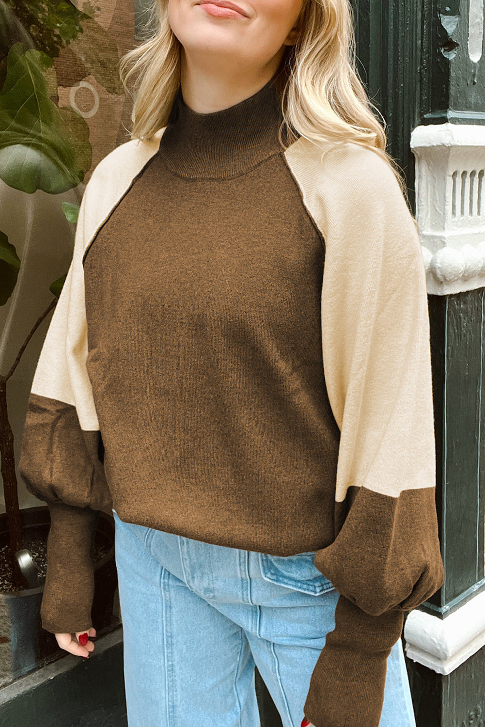 Desert Palm Colorblock Raglan Puff Sleeve Mock Neck Sweater-TOPS / DRESSES-[Adult]-[Female]-Desert Palm-S-2022 Online Blue Zone Planet