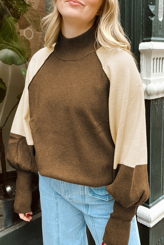 Desert Palm Colorblock Raglan Puff Sleeve Mock Neck Sweater-TOPS / DRESSES-[Adult]-[Female]-Desert Palm-S-2022 Online Blue Zone Planet