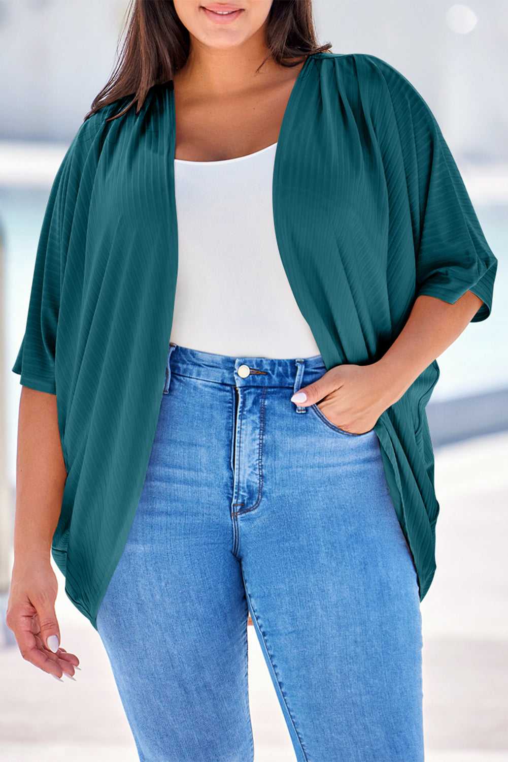 Green-2 Shimmer Ribbed Texture Plus Size Cardigan-Plus Size/Plus Size Sweaters & Cardigans-[Adult]-[Female]-Green-2-1X-2022 Online Blue Zone Planet